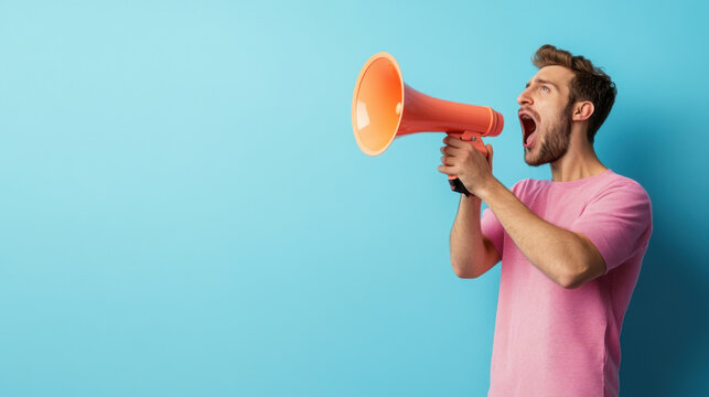 A man in a pink shirt passionately shouting through an orange megaphone against a blue background, symbolizing communication and protest.