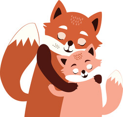 Fairy tale fox mother and son hugging vector illustration