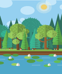 There are dense trees beside the pond and lotus in the water. Vector illustration