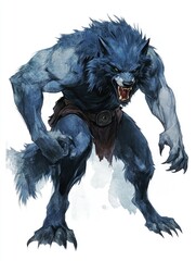Obraz premium Ferocious Blue Werewolf Illustration with Sharp Claws and Fierce Expression on White Background