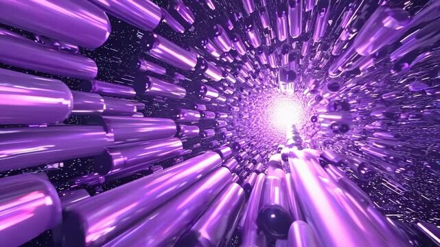Purple cylinders float in abstract void. Camera zooms out from holographic construct, revealing multidimensional layers. Pulsating forms interconnected by plasma streams against cosmic backdrop. 