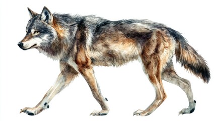 Obraz premium Realistic Watercolor Painting of a Majestic Wolf in Motion on a White Background