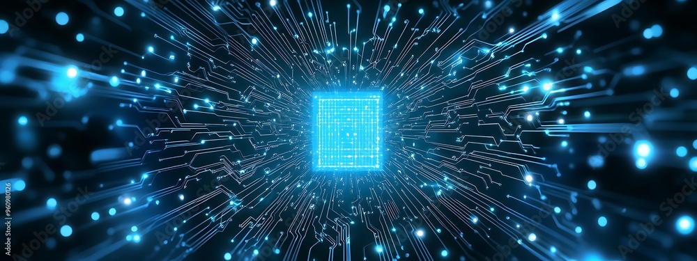 Aufkleber glowing blue circuit board with a central processor
