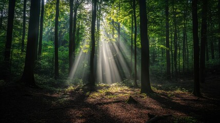 Fototapeta premium A beam of sunlight filtering through a dense forest, casting soft shadows on the ground.