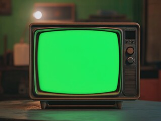 Vintage TV with Green Screen in Room
