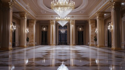 Fototapeta premium A chandelier in a grand hall, its light reflecting off polished marble floors.