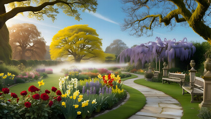 A beautiful, English-style garden with a variety of colorful flowers and a meandering, stone path