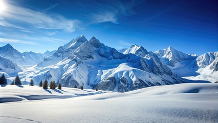 Fototapeta premium Snow-covered high mountain landscape with a blanket of snow and a clear blue sky