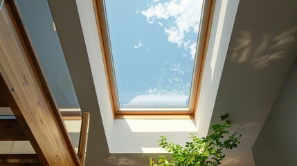 Fototapeta premium View of newly installed loft conversion with staircase and skylight window from ground floor on sunny day.