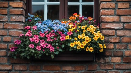 A close-up of a house's brick wall with a window box full of colorful flowers.