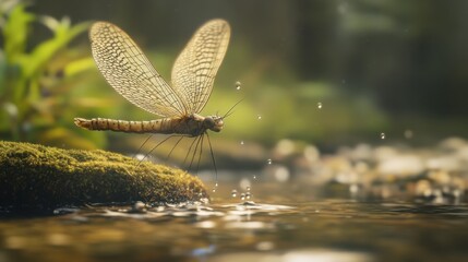 A close-up of a mayfly hovering above a stream, its delicate wings catching the light.
