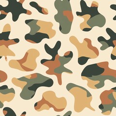 Fototapeta premium Abstract Camo: A seamless pattern featuring an abstract, modern take on classic camouflage with muted tones of green, brown, and beige on a cream background. 