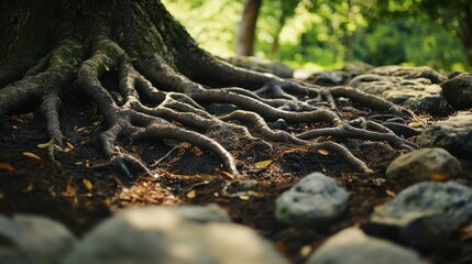 A close-up of tree roots spreading across the forest floor, intertwining with rocks and soil.