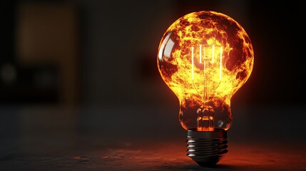 A lightbulb filled with fire and glowing brightly against a dark background.