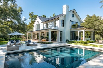 Modern Farmhouse with Large Pool, Patio, White Walls, and Green Accents on a Beautiful Day