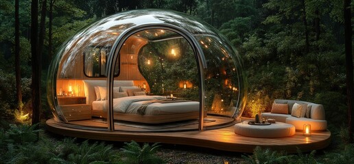 Fototapeta premium Modern glass bubble house in a forest with a bed, a sofa and a fireplace.