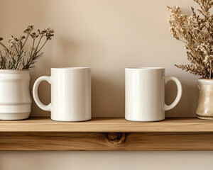 Two white blank mug mockups on a shelf, with sunlight and shadows, and dried flowers in vases.
