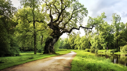 Obraz premium Majestic Old Tree on a Serene Path in a Lush Green Park