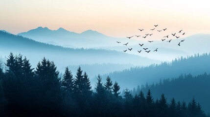 Silhouette of birds flying over pine forest. Beautiful landscape with cascade blue mountains at the morning. View of wilderness mountains during foggy weather