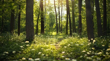 Obraz premium A forest in spring, with fresh green leaves on the trees and wildflowers blooming on the ground.
