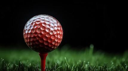 A red golf ball on a tee against a black background.