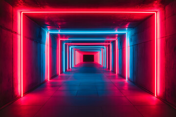 Neon Lights Tunnel  Red Blue Abstract Background