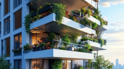 Obraz premium A high-rise apartment building with balconies, each decorated with plants and outdoor furniture.