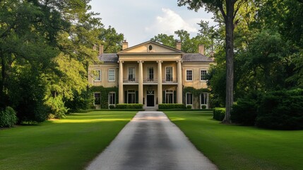 A historic mansion with grand columns, an expansive lawn, and a long driveway lined with trees.
