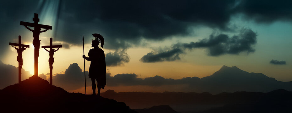 A Roman centurion watches Jesus and two criminals crucified on Golgotha. The sky darkens dramatically. The subjects are on the left side of the image, with no text.