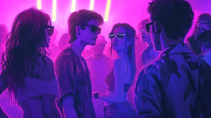 A group of young friends immersed in a vibrant nightclub scene, illuminated by intense neon pink and purple lights. Their stylish outfits and sunglasses reflect the energetic atmosphere of the night