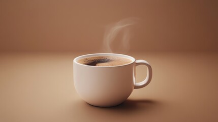 A white mug of coffee with steam rising from it against a brown background.