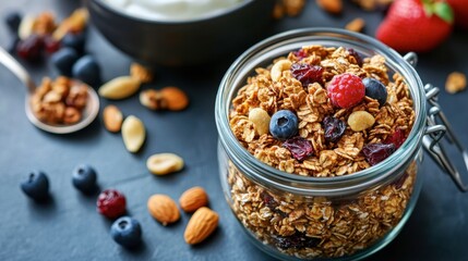 A jar of homemade granola, with nuts and dried fruits visible, accompanied by a bowl of yogurt and fresh berries.