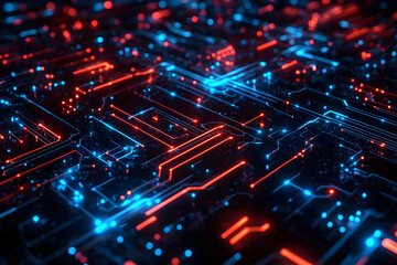 Obraz premium Abstract Circuit Board Background with Red and Blue Neon Lights