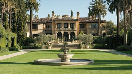 Obraz premium A large, luxurious mansion with a well-maintained lawn, palm trees, and a fountain in front.