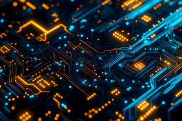 Abstract Technology Circuit Board Background with Glowing Blue and Orange Lines