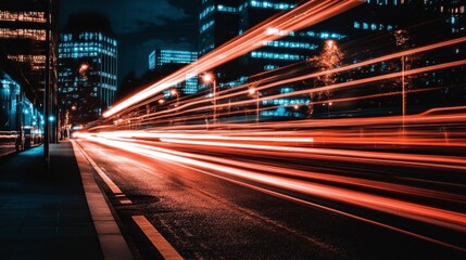 A light trail from passing cars on a busy city street at night.