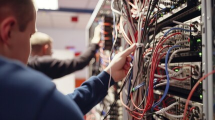 Naklejka premium Technicians working on server rack