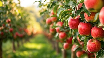 Obraz premium A row of apple trees in an orchard, with ripe red apples hanging from the branches.
