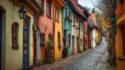 Fototapeta premium A row of colorful houses along a narrow street in a European village, with cobblestones and hanging lanterns.