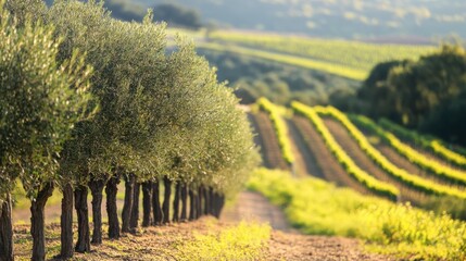 A row of olive trees in a Mediterranean landscape, with a vineyard in the background.