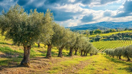 Naklejka premium A row of olive trees in a Mediterranean landscape, with a vineyard in the background.