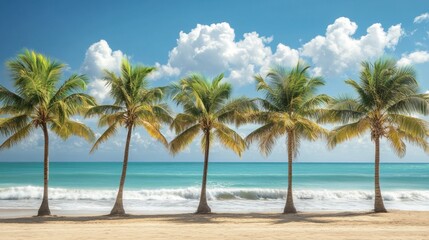 Fototapeta premium A row of palm trees along a sandy beach, with waves gently crashing in the background.