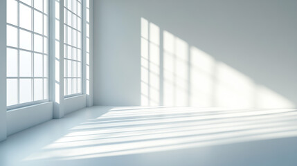 A clean, white room with sunlight streaming in through the window, casting shadows on an empty wall