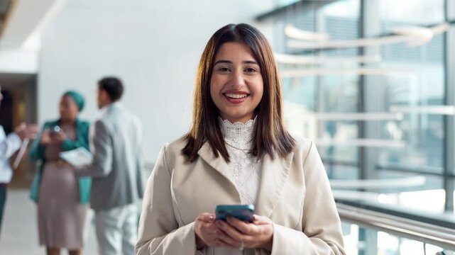 Office, face and woman with smartphone, laughing and search of candidates, online and recruiter on app. Business, scouter and person with mobile, smile and communication for screening and interview