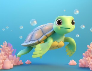 3D cheerful turtle swims through the ocean with bubbles surrounding it, 3D illustration