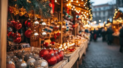 Fototapeta premium A Christmas market stall selling handcrafted jingle bells and ornaments, with holiday lights glowing in the background