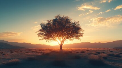 Fototapeta premium A tree in a desert landscape, standing alone with the sun setting behind it.