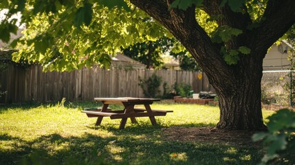 Naklejka premium A tree in a suburban backyard, with a picnic table set up underneath its shade.