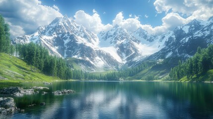 Fototapeta premium Majestic snow-covered peaks with serene alpine meadows, photorealistic, panoramic view of untouched wilderness and crystal-clear lakes, breathtaking mountain scenery