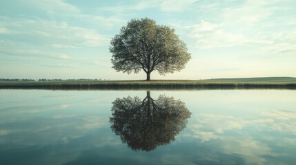 A tree reflected in a still lake, with the mirror image creating a perfect symmetry.